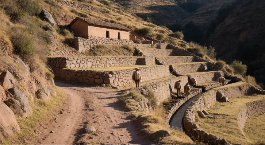 que hicieron los wari para organizar a los pueblos que conquistaban, Terrazas agrícolas y canal de riego de época wari en un valle andino