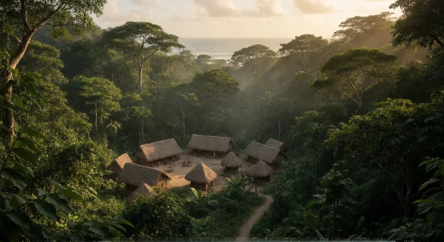 que hicieron los xincas, Asentamiento Xinka histórico en la selva del Pacífico costarricense con palapas y vegetación tropical