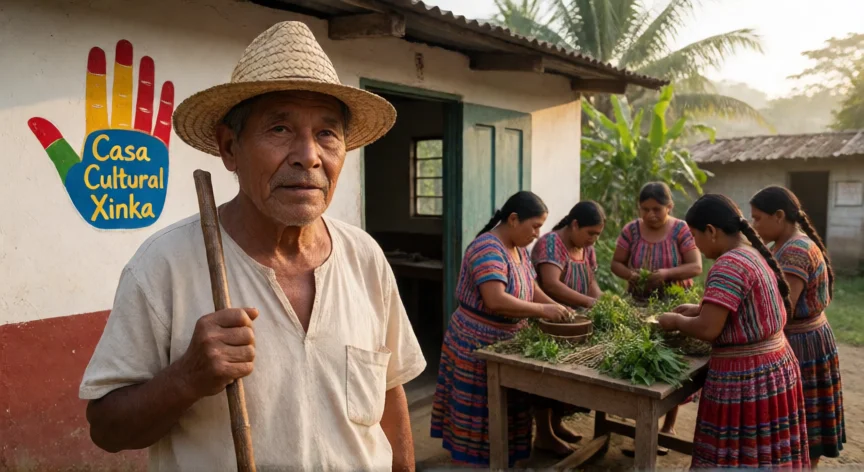 que hicieron los xincas, Comunidad Xinka en Puntarenas con anciano tradicional frente a la Casa Cultural Xinka