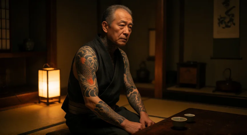 que hicieron los yakuza, Anciano yakuza con tatuajes irezumi bebiendo sake en una habitación tradicional japonesa