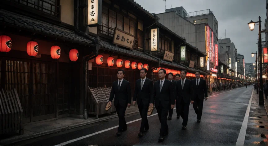 que hicieron los yakuza, Grupo de hombres en traje caminando por una calle de Osaka al atardecer