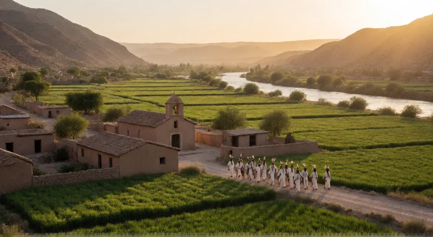 que hicieron los yaquis, Valle del Río Yaqui con tierras cultivadas y hombres en traje tradicional caminando en procesión