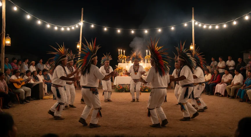 que hicieron los yaquis, Danza ritual Yaqui de noche con atavíos de plumas y guitarrista tocando son yaqui en la comarca