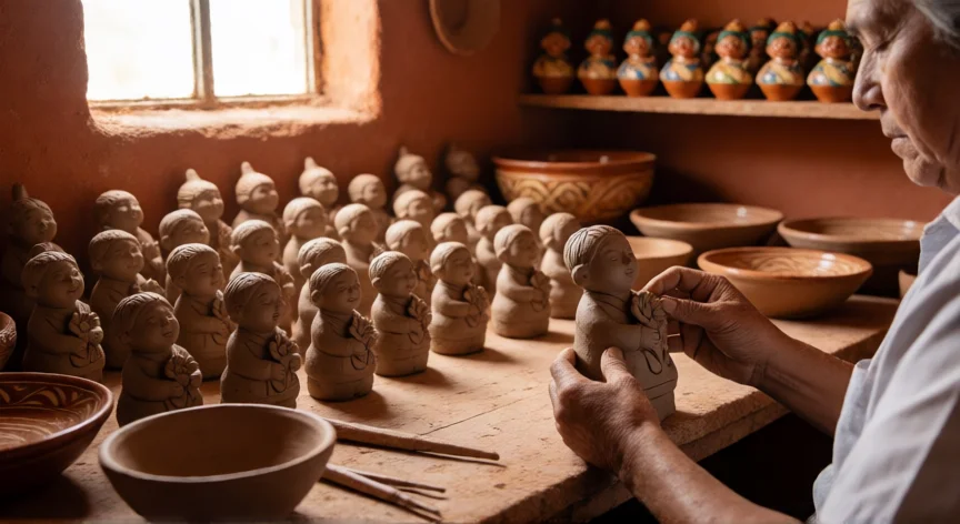 que hicieron los zacapoaxtlas, Alfarero zacapoaxtla moldeando una figura Xochipile en su taller de barro