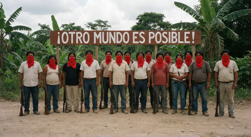 que hicieron los zapatistas, Guerrilleros zapatistas en carretera de Chiapas con pancarta '¡Otro mundo es posible!'