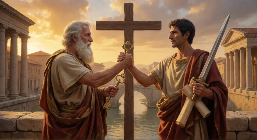 que hicieron san pedro y san pablo, San Pedro y San Pablo estrechándose la mano sobre una cruz en un puente romano