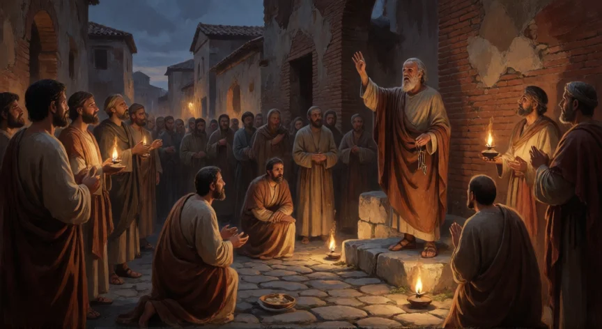 que hicieron san pedro y san pablo, San Pedro predicando a los primeros cristianos en un patio romano al atardecer