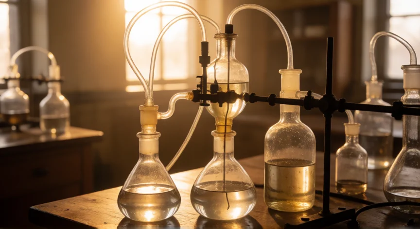 que hicieron urey y miller, Recreación del experimento de Miller-Urey con descargas eléctricas en un sistema cerrado de vidrio
