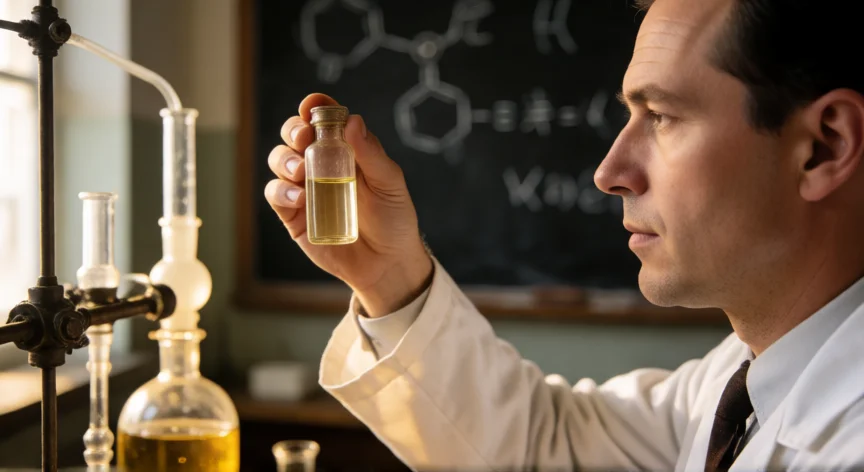 que hicieron urey y miller, Investigador analizando muestras líquidas tras el experimento de síntesis orgánica
