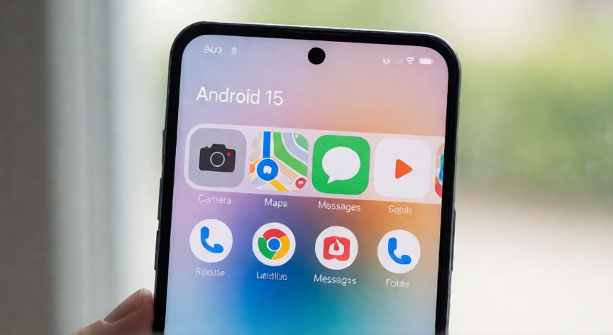 que incluye android 15, Pantalla de un smartphone mostrando la nueva interfaz de Android 15