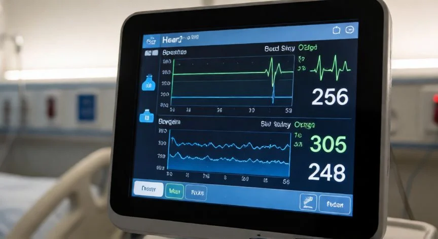 Pantalla de monitor de signos vitales mostrando gráficos de ECG y saturación