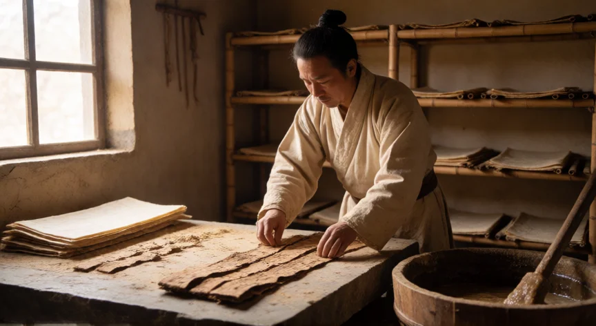 que inventos hicieron los chinos, Artesano chino fabricando papel artesanal con corteza y estopa en un taller tradicional