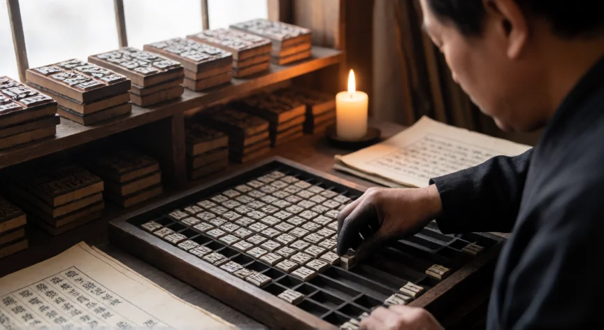 que inventos hicieron los chinos, Taller de imprenta china de tipos móviles de porcelana en la dinastía Song