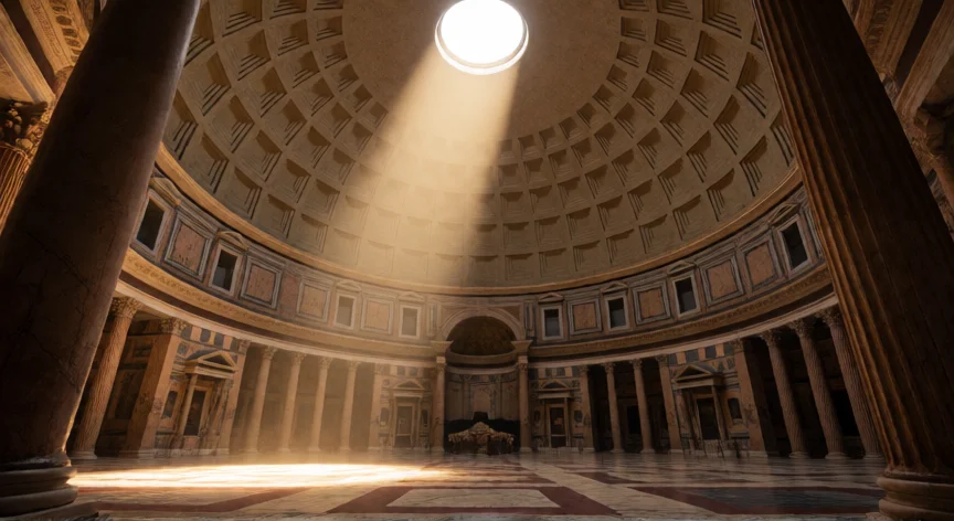 que inventos hicieron los romanos, Interior del Panteón de Roma mostrando la cúpula de hormigón romano con su óculo central