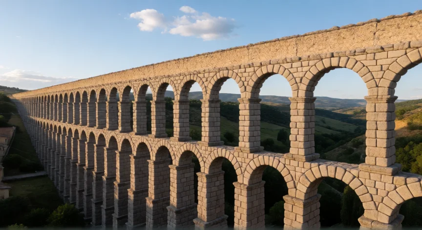 que inventos hicieron los romanos, Acueducto romano de Segovia visto en aéreo al atardecer sobre un valle verde