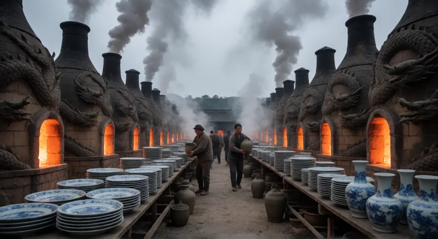 qué inventos importantes hicieron los chinos, Taller de porcelana en Jingdezhen con hornos tradicionales y piezas azul y blanco