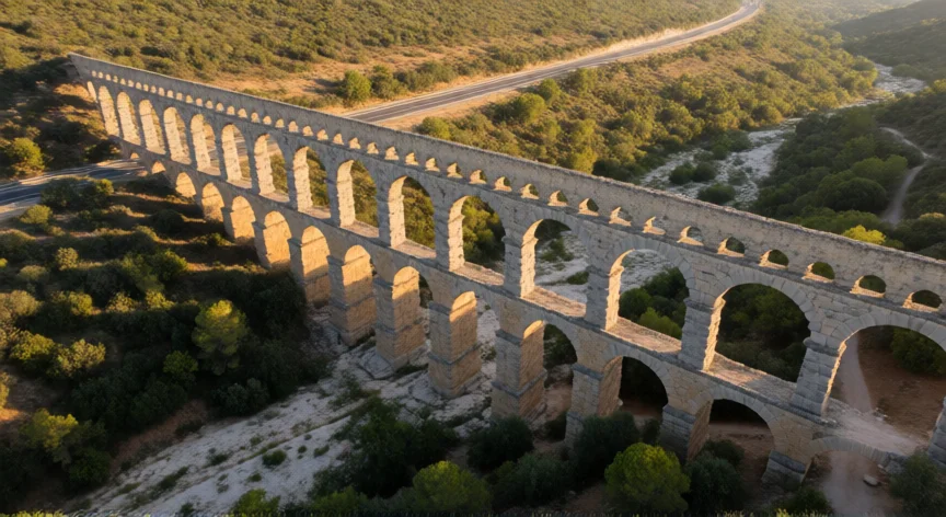 que inventos o construcciones hicieron los romanos que todavia usamos hoy, Acueducto romano de piedra con arcos de piedra sobre un valle con vegetación mediterránea