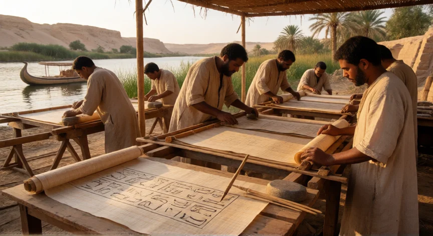 que inventos o descubrimientos hicieron los egipcios, Taller de fabricación de papiro egipcio junto al Nilo con trabajadores extendiendo tiras de Cyperus papyrus