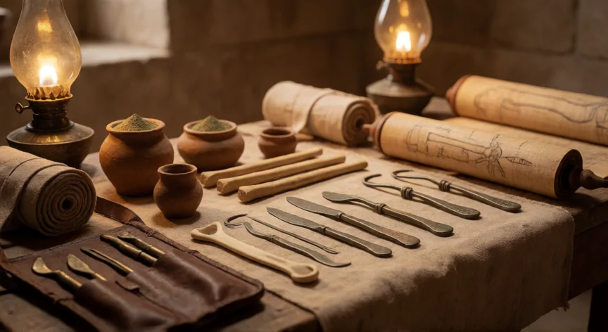 que inventos o descubrimientos hicieron los egipcios, Mesa de trabajo de un cirujano egipcio antiguo con instrumentos de bronce y papiros anatómicos