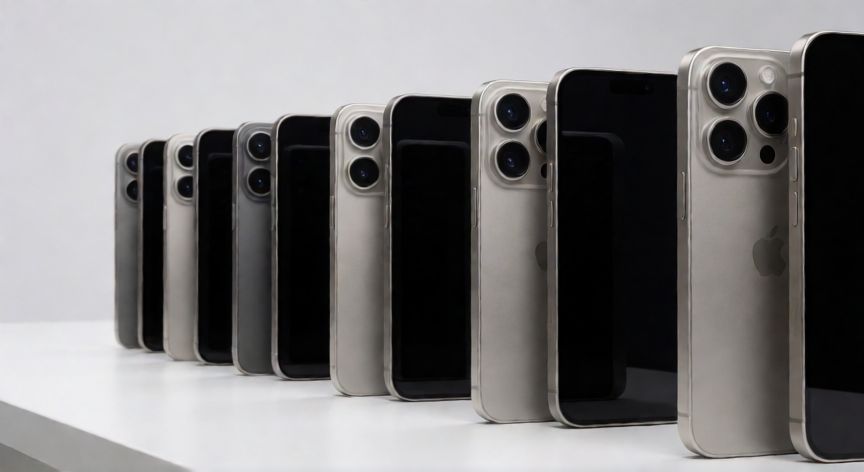 qué iphone, Línea de iPhone 15 Pro con marcos de titanio sobre escritorio blanco