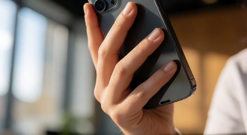 qué iphone, Detalle de mano sosteniendo iPhone con puerto USB-C en oficina moderna