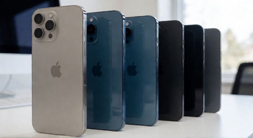 que iphone actualiza a ios 26, Varios modelos de iPhone alineados mostrando sus colores y diseño