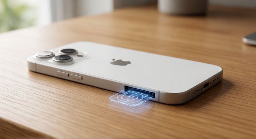 que iphone admite esim, iPhone moderno con bandeja de SIM y representación visual de tecnología eSIM