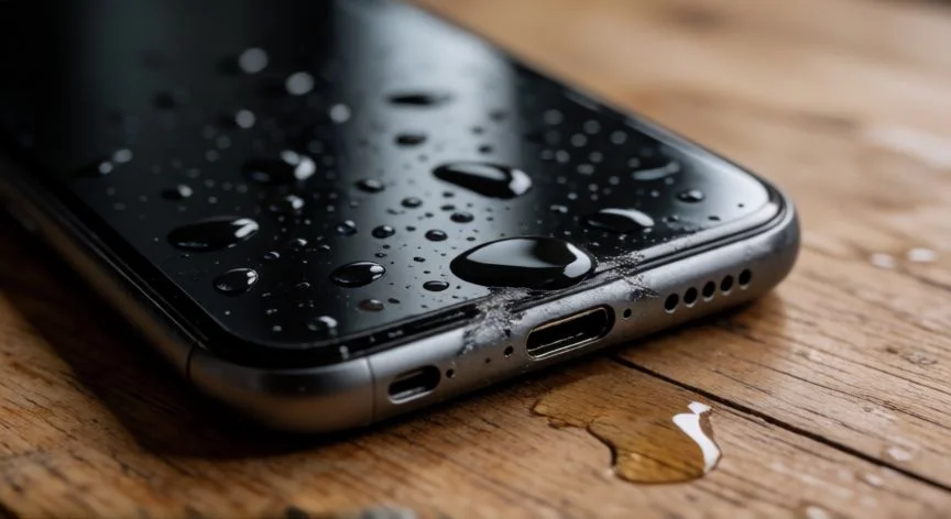 que iphone aguanta el agua, Smartphone con daños por agua mostrando humedad en los puertos
