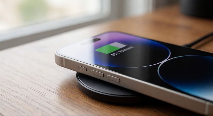 que iphone aguanta mas la bateria, iPhone 15 Pro Max cargándose sin cables mostrando alta batería