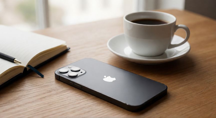 que iphone antiguo comprar en 2026, iPhone 12 sobre una mesa de madera con luz natural