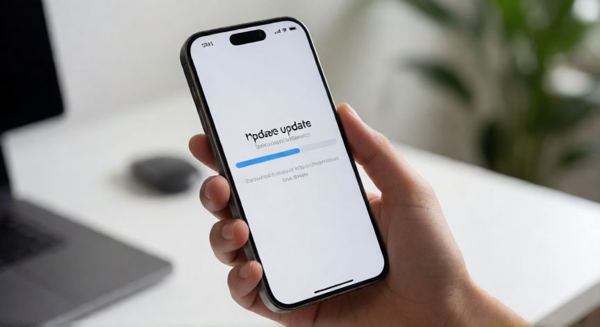 que iphone aun se actualiza, Mano sosteniendo un iPhone mostrando la barra de progreso de una actualización de software