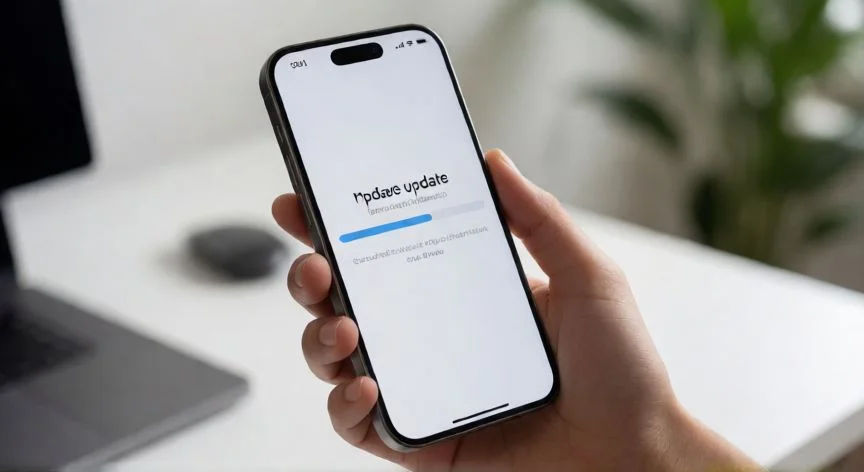 Mano sosteniendo un iPhone mostrando la barra de progreso de una actualización de software