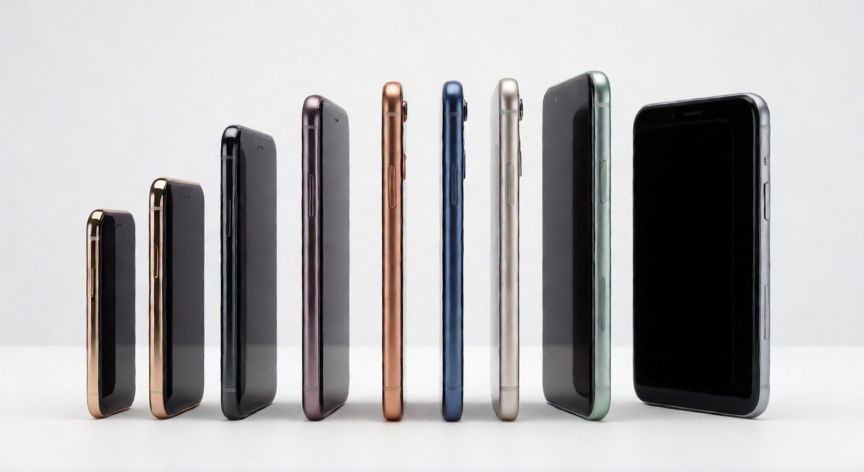 que iphone aun se actualiza, Varios modelos de iPhone de diferentes generaciones alineados en una superficie blanca