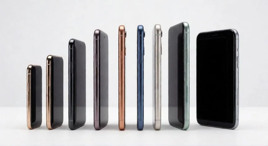que iphone aun se actualiza, Varios modelos de iPhone de diferentes generaciones alineados en una superficie blanca