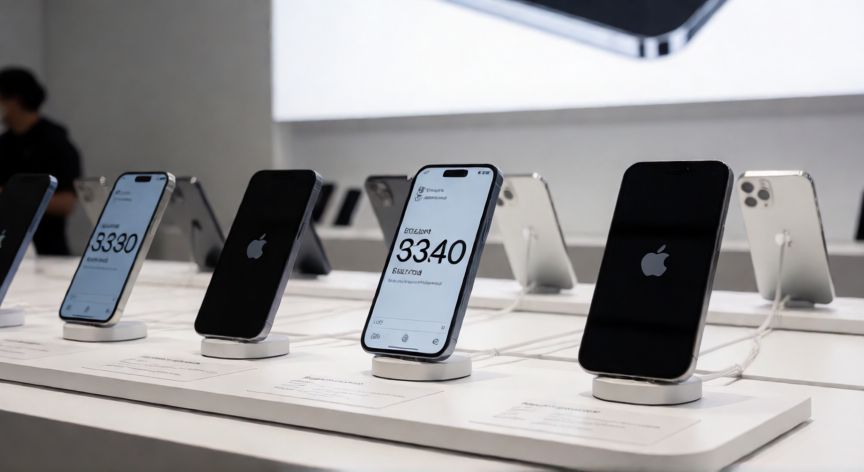 que iphone bajara de precio, Expositor de tiendas con varios modelos de iPhone y etiquetas de descuento