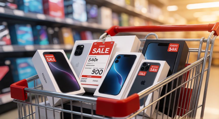 que iphone bajara de precio, Carrito de compra lleno de cajas de móviles con etiquetas de oferta en una tienda