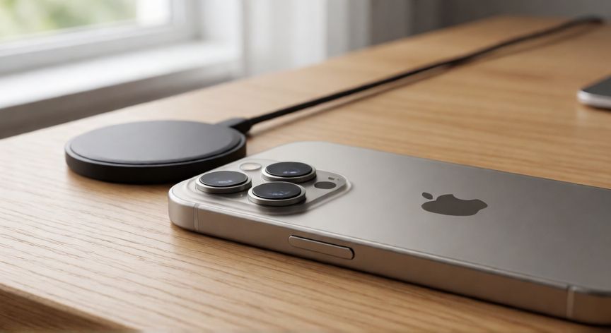que iphone barato comprar en 2026, Smartphone moderno sobre escritorio de madera con cargador inalámbrico