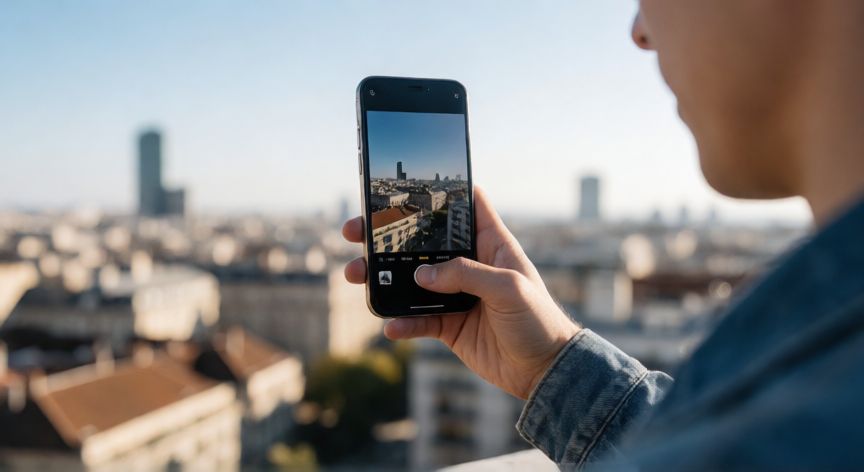 que iphone comprar, Persona usando un iPhone para fotografiar una ciudad