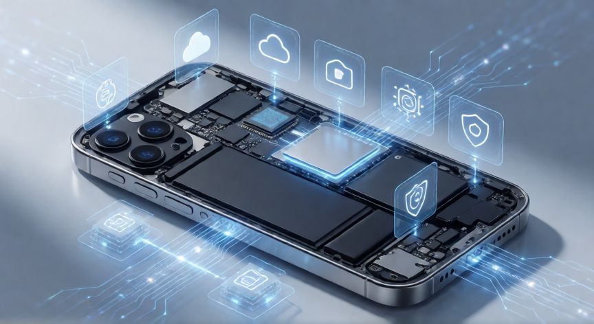 que iphone comprar ahora, Vista conceptual de componentes internos y ecosistema de software del iPhone
