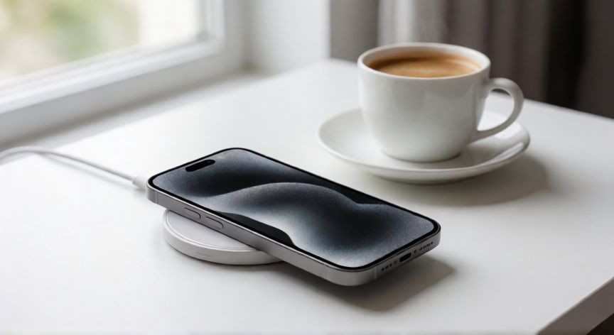 que iphone comprar calidad precio, iPhone 15 sobre un escritorio moderno con accesorios de carga