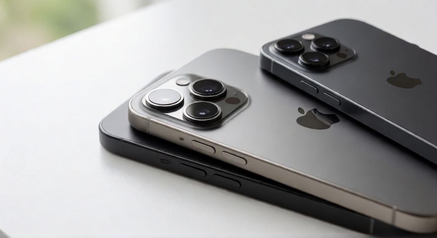 que iphone comprar en 2026, Comparativa de los últimos modelos iPhone Pro sobre fondo blanco