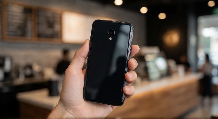 que iphone comprar en 2026, Persona sosteniendo un iPhone de gama media en una cafetería