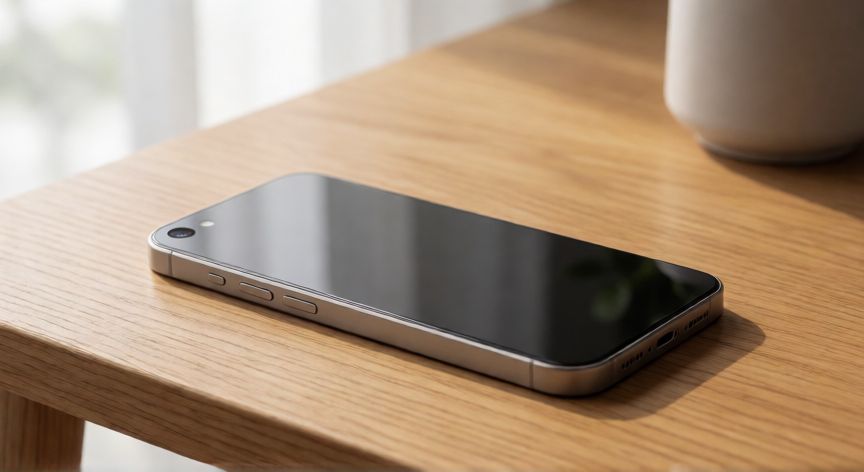 que iphone comprar en 2026 barato, iPhone moderno sobre escritorio de madera con iluminación suave