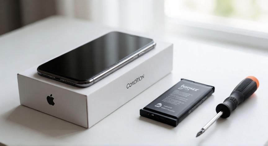 que iphone comprar en 2026 reacondicionado, Mesa de trabajo con caja de iPhone reacondicionado y repuestos de batería