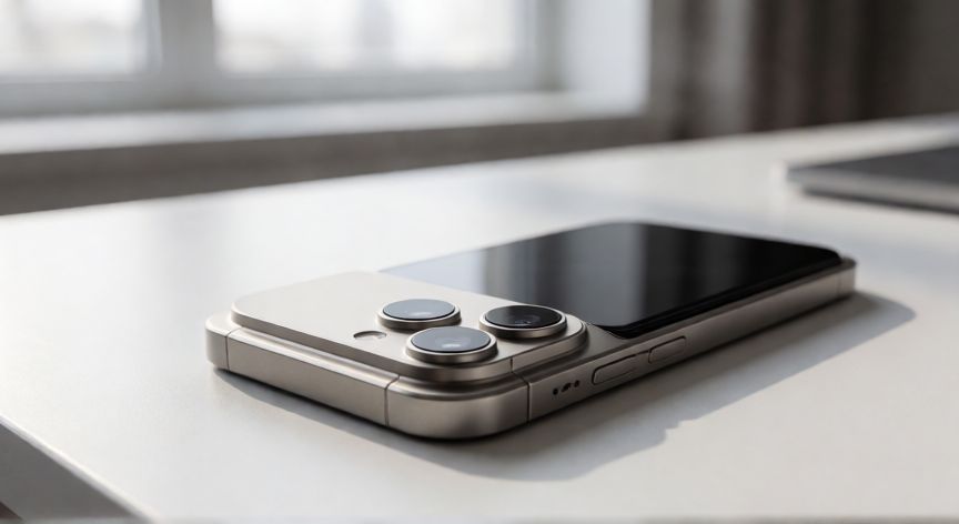 que iphone comprar en 2026 topes de gama, Vista cercana de un iPhone tope de gama con marco de titanio y sistema de cámaras avanzado