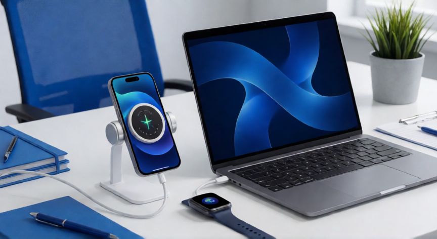 que iphone comprar en 2026 topes de gama, Espacio de trabajo moderno con iPhone conectado a accesorios MagSafe y dispositivos Apple