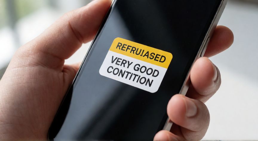 que iphone comprar reacondicionado, Mano sosteniendo un iPhone reacondicionado con etiqueta de estado muy bueno