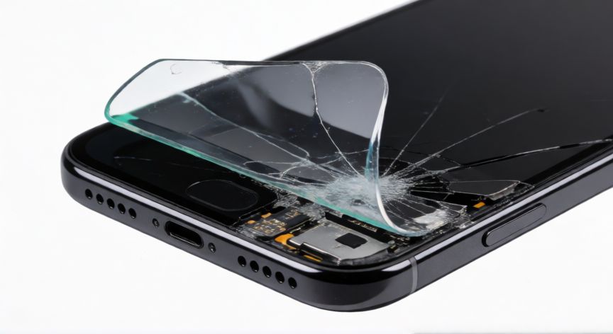 que iphone da problemas, Detalle de una pantalla de iPhone despegada con burbujas de aire y adhesivo fallido