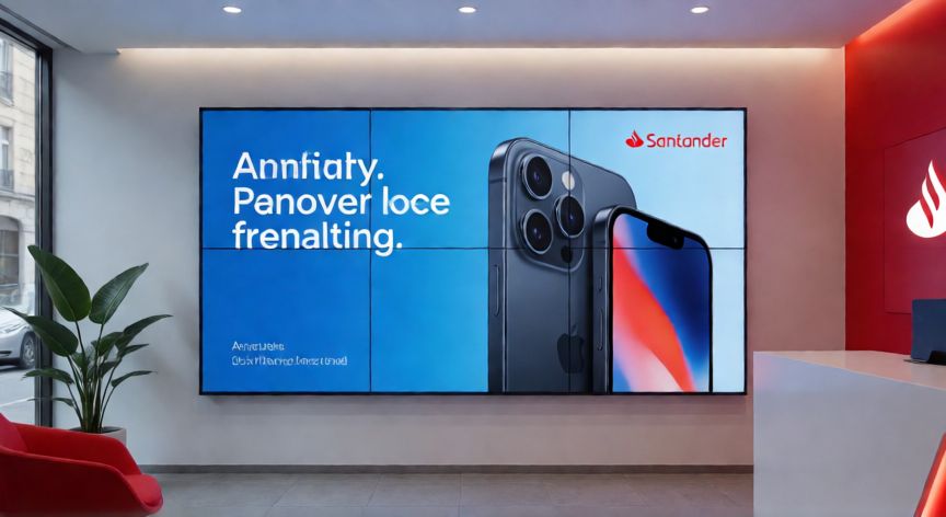 Pantalla en oficina de Santander mostrando campaña de bonos de iPhone