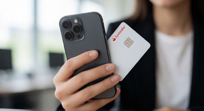 que iphone da santander, Persona sosteniendo un iPhone junto a una tarjeta de crédito de Santander